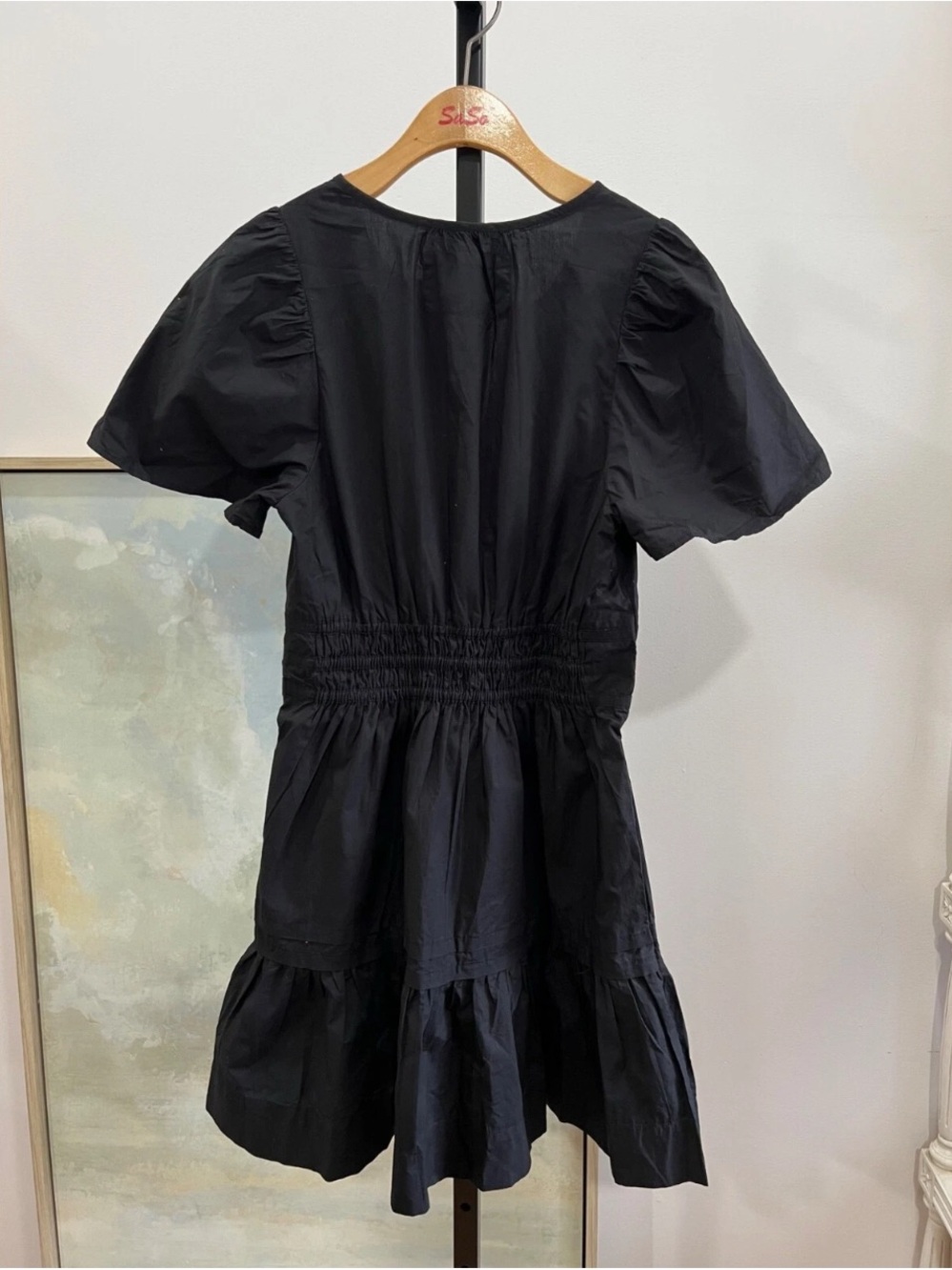 Anthropologie Black V-Neck Smocked Waist Tiered Mini Dress - Picture 2 of 7